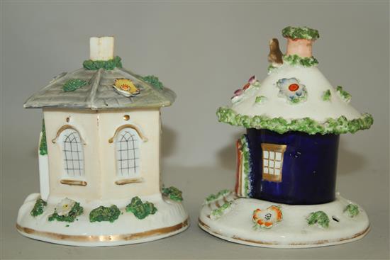 Two Staffordshire porcelain two section toll house pastille burners, mid 19th century, 11.5 - 12cm